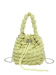 Lime green cloud bucket bag with pleated texture and silver chain strap for women
