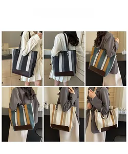 Detailed views of a large striped canvas tote bag with brown leather handles in various colors