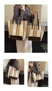 Detailed comparison of large and small striped canvas tote bags with leather handles