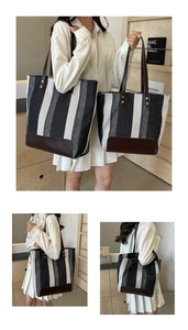 Detailed comparison of large and small striped canvas tote bags with leather trim and studs