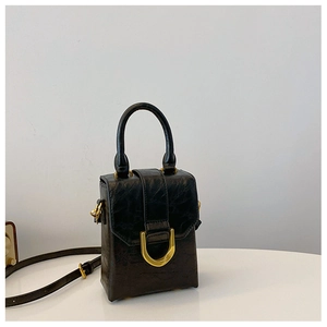 Detailed close-up of a black leather mini handbag featuring a gold D-shaped buckle