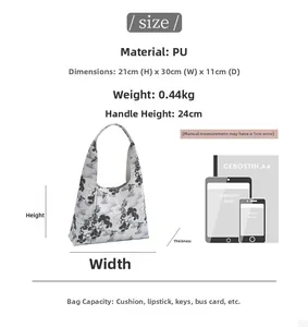 Detailed size chart showing handbag dimensions compared to A4 paper and iPad