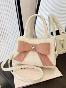 Women's Sweet PU Leather Shoulder Bag With Large Bow Heart Rhinestone Wrinkled Texture Fashion Crossbody Handbag