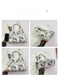 Detailed four-angle view of a white tote bag with traditional Chinese pine embroidery