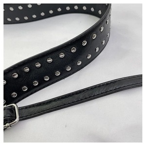 Détail d'une bandoulière en cuir noir avec deux rangées de rivets en argent poli