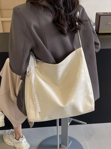 Women Large Capacity PU Leather Shoulder Tote Bag Metallic Texture Crack Pattern With Lace Bow Decoration For Casual Commuter Travel