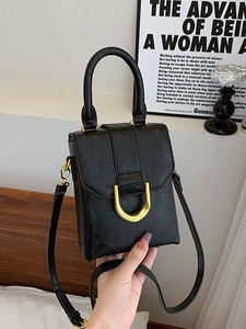Women Minimalist PU Leather Mini Square Bag Gold Metal Buckle Vintage Crinkle Texture Shoulder Handbag Crossbody Bag