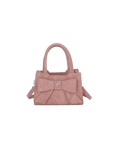 Pink mini crossbody bag with a large bow and heart rhinestone buckle on white background