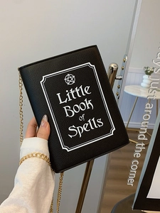 Gothic black spell book crossbody bag with gold chain strap for women
