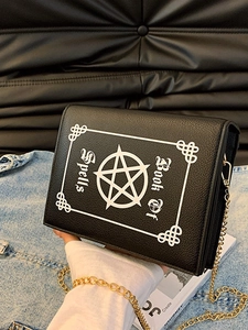Gothic Book of Spells crossbody bag in black pebble leather with gold chain strap