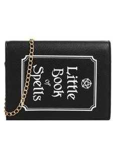 Gothic book-shaped crossbody bag with Little Book of Spells print and gold chain