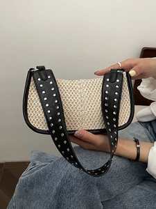 Sac à Main Vintage en Paille Tissée Pour Femmes Avec Garniture en Cuir PU à Rivets Sac Croissant Sous le Bras Vacances