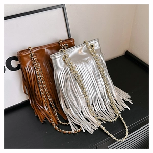 Détail de sacs à bandoulière à franges à la mode en marron et argent avec chaîne dorée