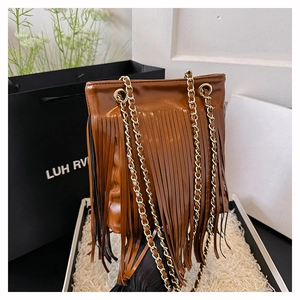 Détails du sac à main marron avec des franges denses et une chaîne en métal doré
