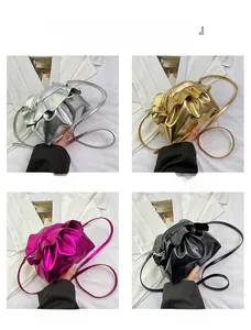 Collage of metallic candy-colored ruched shoulder bags in silver, gold, black and magenta