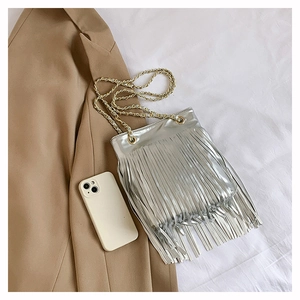 Vue détaillée de dessus d'un sac à main argenté à franges avec chaîne dorée sur tissu