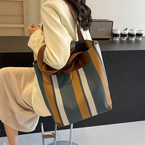 Fashion Contrast Stripe Canvas Tote Bag For Women Large Capacity Shoulder Bag With Leather Trim Commuting Handbag