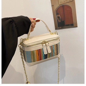 Detail of colorblock woven texture and dual zipper closure on a vintage box bag