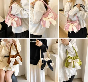Collage of chic corduroy shoulder bags with large satin bows in various trendy colors
