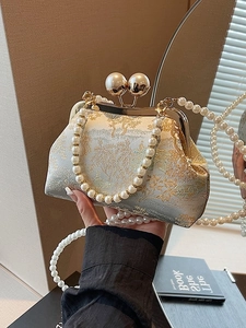 Chinese Style Vintage Embroidery Brocade Evening Bag Women Retro Artificial Pearl Handle Kiss Lock Crossbody Bag Elegant Party Clutch