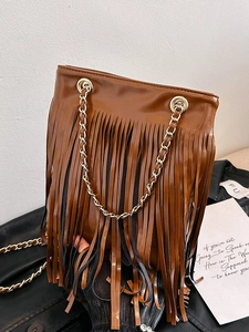 Sac à Bandoulière Tendance Pour Femmes en Cuir PU à Franges Sac Seau Bohème Chaîne Dorée Grande Capacité Sac à Main Cadeau