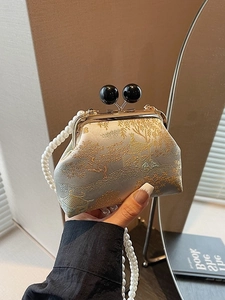 Elegant light blue Cheongsam bag with golden embroidery and pearl handle strap
