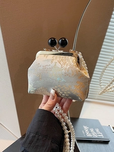 Elegant Chinese style evening bag with gold embroidery, metal clasp, and pearl handle