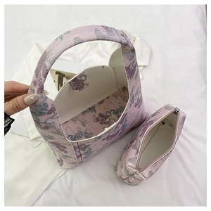 Detail of pink floral jacquard tote bag set with matching zippered inner pouch