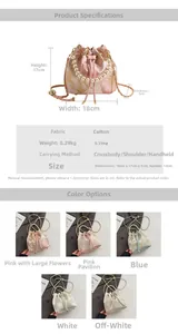 Detail view of New Chinese Style bucket bag showing size dimensions and jacquard fabric