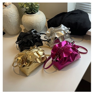 Metallic finish pleated cloud bags shown in black, silver, gold, and pink colors