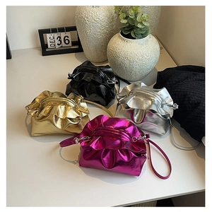 Detailed display of four metallic candy-colored ruched cloud crossbody bags for women