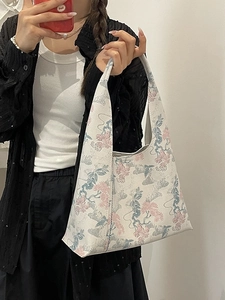 Women New Chinese Style Jacquard Underarm Shoulder Bag Large Capacity Vintage Floral Ink Landscape PU Bucket Tote Bag