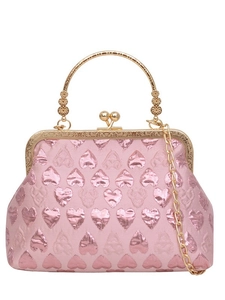 Pink vintage evening bag with heart jacquard patterns and golden metal top handle