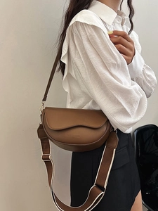 Women Vintage PU Leather Saddle Bag Minimalist Wavy Flap Shoulder Bag With Double Straps Daily Trendy Crossbody Bag