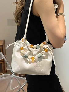 Sac à main élégant broderie florale chinoise avec poignée en perles et une bandoulière