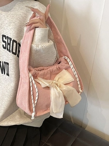 Trendy Women's Corduroy Shoulder Bag With Large Satin Bowknot Korean Sweet Style Drawstring Crossbody Bag Underarm Bag