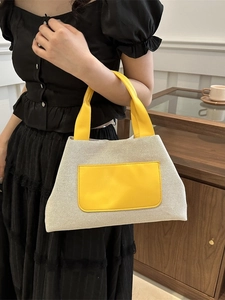 Women Urban Minimalist Canvas Leather Splice Tote Bag Casual Commuter Handbag With External Pocket Color Block Shoulder Bag