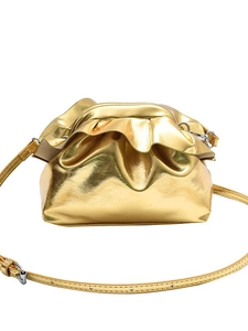 Metallic gold cloud crossbody bag with trendy ruched texture and minimalist slim shoulder strap
