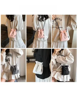 Collage of mini nylon drawstring crossbody bags in four colors on a female model