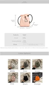 Detailed size specifications and color options for the lightweight nylon mini bucket bag