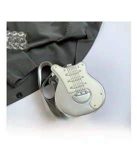Macro detail of guitar shaped shoulder bag showing silver finish and metallic rivet decor