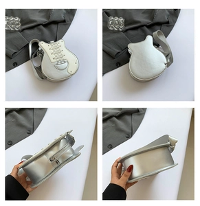 Detailed views of the guitar-shaped creative shoulder bag in metallic silver finish