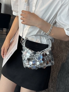 Chic silver sequin handbag for women with metallic round sequins and crossbody strap