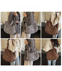 Collage of model wearing a leopard print canvas tote bag in various stylish outfits