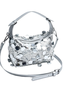 Chic silver sequin handbag with large mirror discs and adjustable shoulder strap