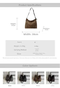 Detailed size chart for leopard print canvas hobo bag showing 38x31x15cm dimensions