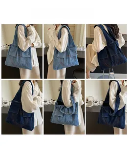 Multiple views of large denim tote bag featuring contrast stitching and front pockets