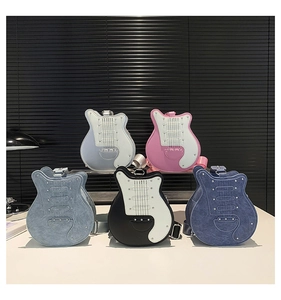 Guitar-shaped crossbody bags displayed in multiple colors on a white surface