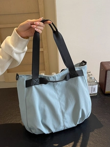 Retro light blue canvas tote bag with large capacity and black wide shoulder straps