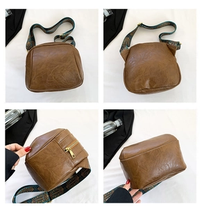 Braune Muscheltasche aus PU-Leder mit buntem breitem Gurt aus vier verschiedenen Blickwinkeln